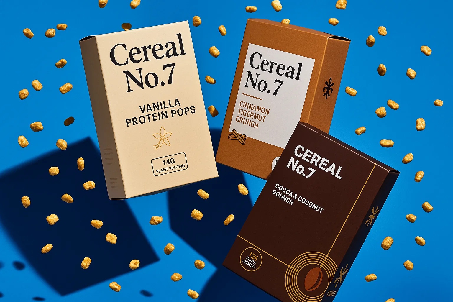 Colorful cereal box mockups in a stylized layout