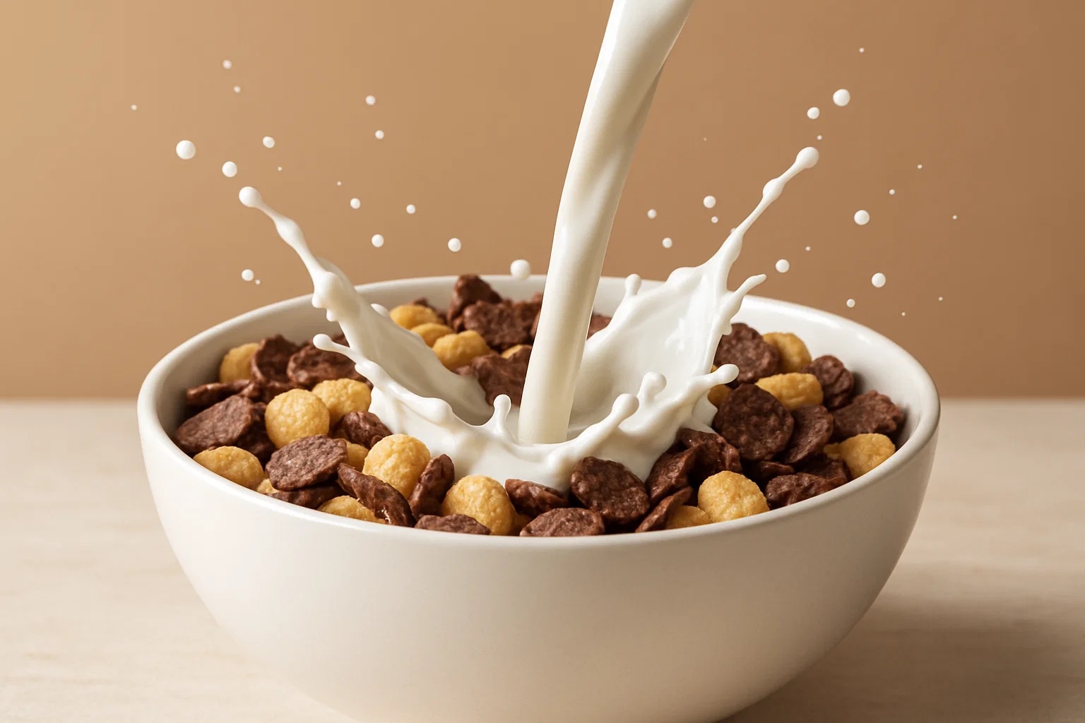 A close-up shot of oat milk being poured into Cereal No. 7