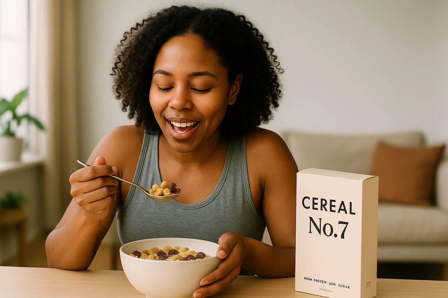 A person happily eating a bowl of Cereal No. 7